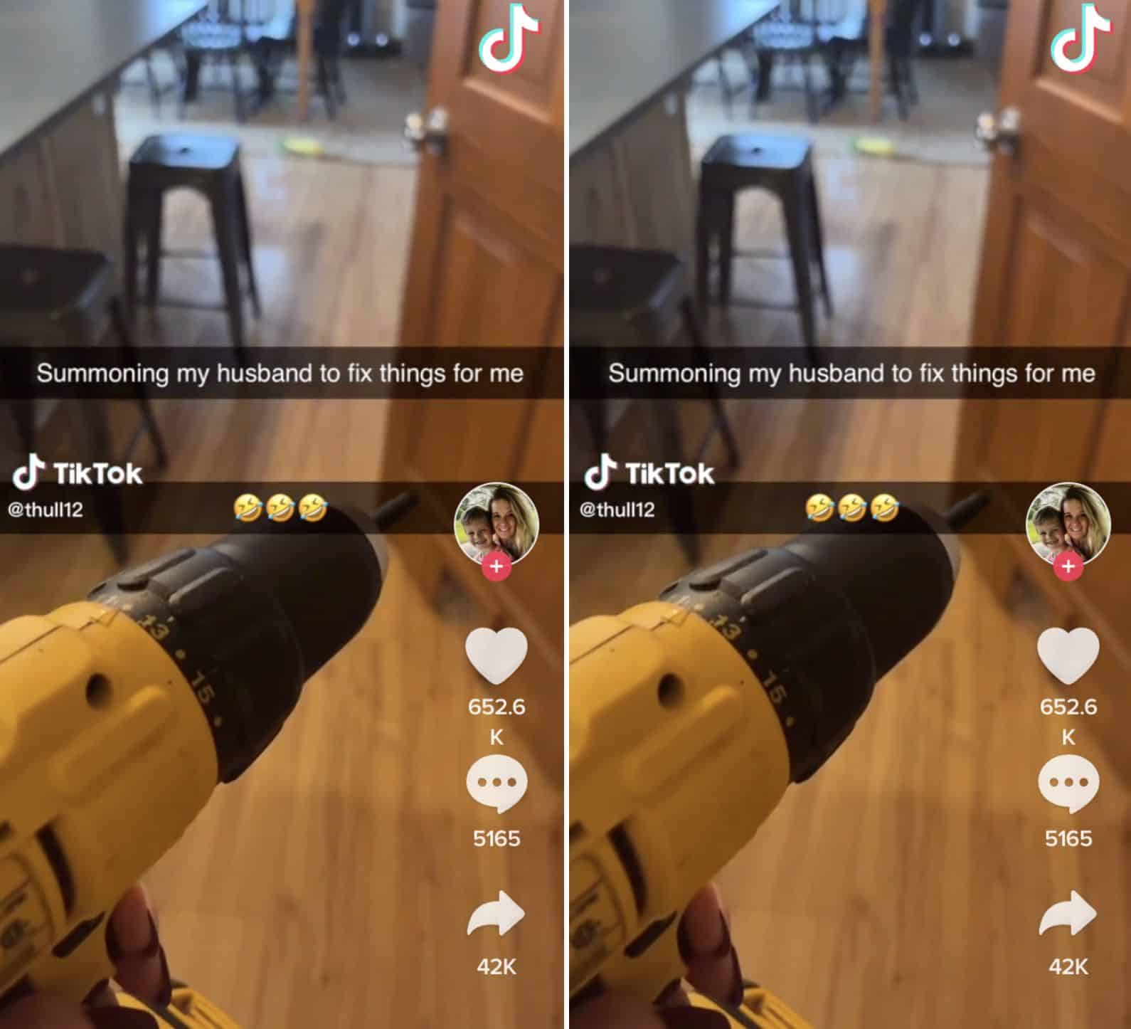 Wife persuades husband to fix things around their home with power tool