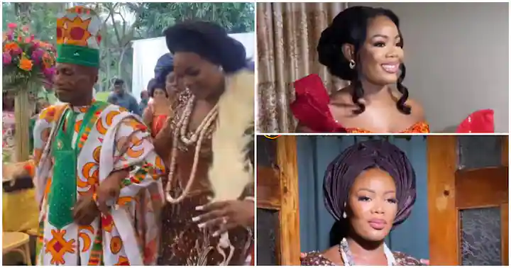 Nigerian bride dazzles in classy aseobi and kente gowns as she marries a GH man