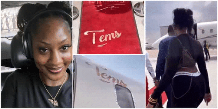 “Take it easy girl”: Fans beg as Tems flaunts her curvy figure, hops on her customized private jet in video