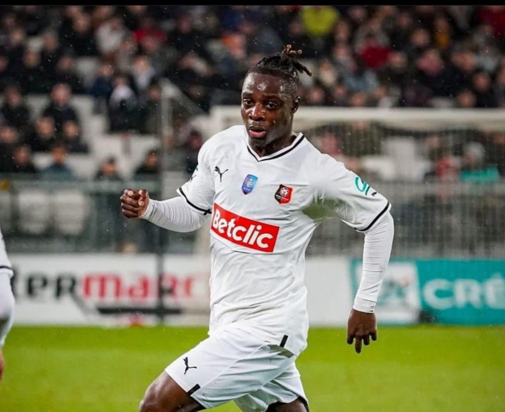 Stade Rennais winger Jeremy Doku reacts to scoring first goal of the year