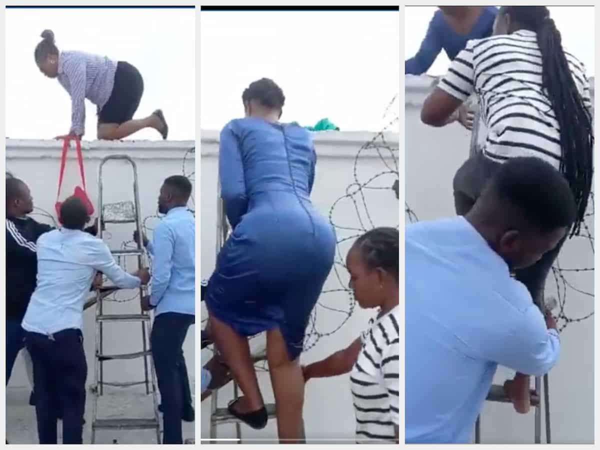 Bank employees in Nigeria use ladder to escape demonstrators