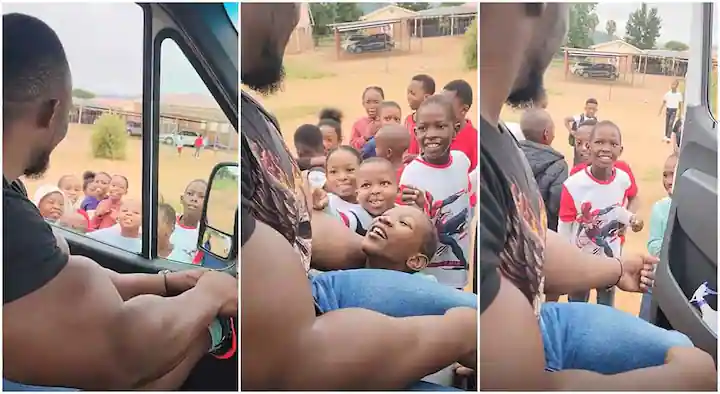 Children rush to touch man with big muscles as he drops off his kid at school