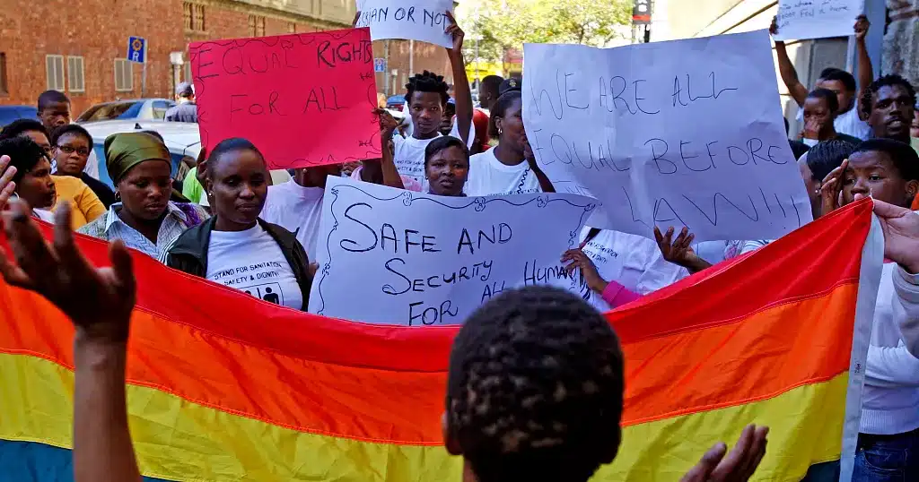 LGBTQ+ activists in South Africa demonstrate against Uganda’s anti-gay law
