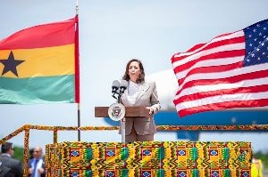 Kamala Harris makes her first remarks upon arrival in Accra 