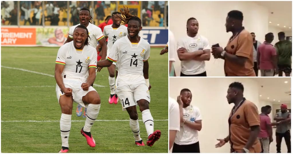 Ghana-Angola: Watch how Asamoah Gyan, gives tips of his scoring prowess to Antoine Semenyo, the last minute scorer