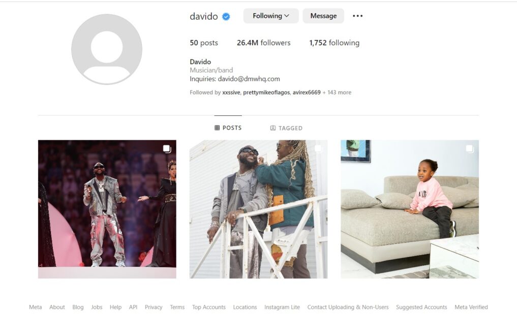 Davido archives all Instagram posts, profile picture and leaves only 3 pictures