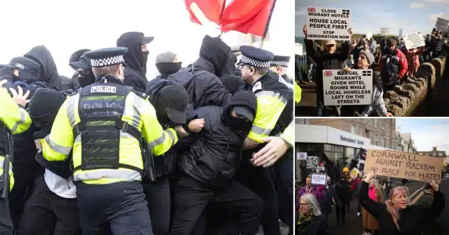 Violent skirmishes outside hotel for refugees as large protesters assembles