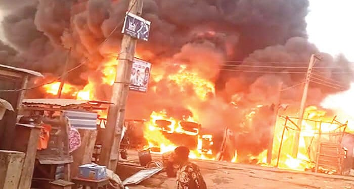 Fire razes Lagos spare parts market, kills one, destroys multi-millions naira worth of goods