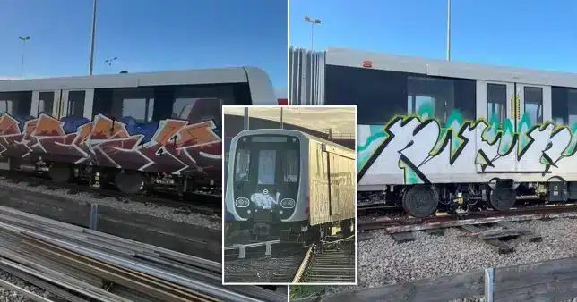 Graffiti vandalism on the DLR train months before the new TfL operation