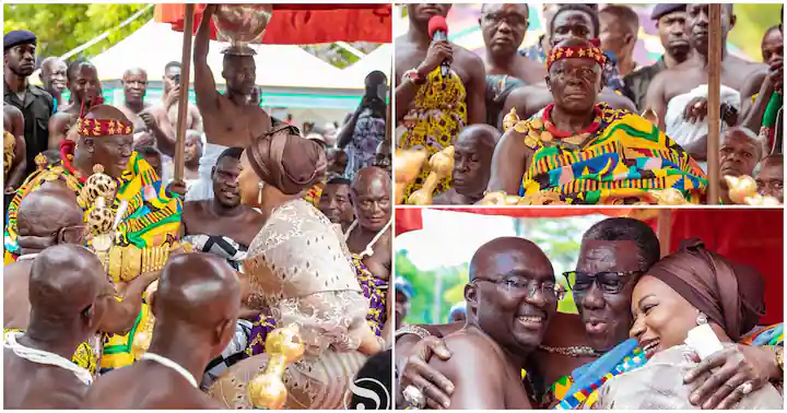 Samira Bawumia adorns herself in kente as she bows to greet Otumfuo during Akwasidae