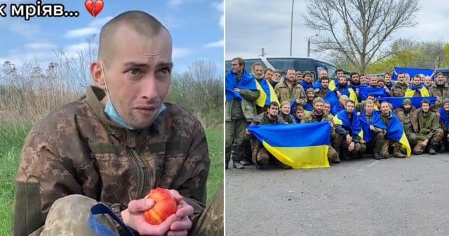 A former POW from Ukraine sobs eating an apple for the first time since being freed