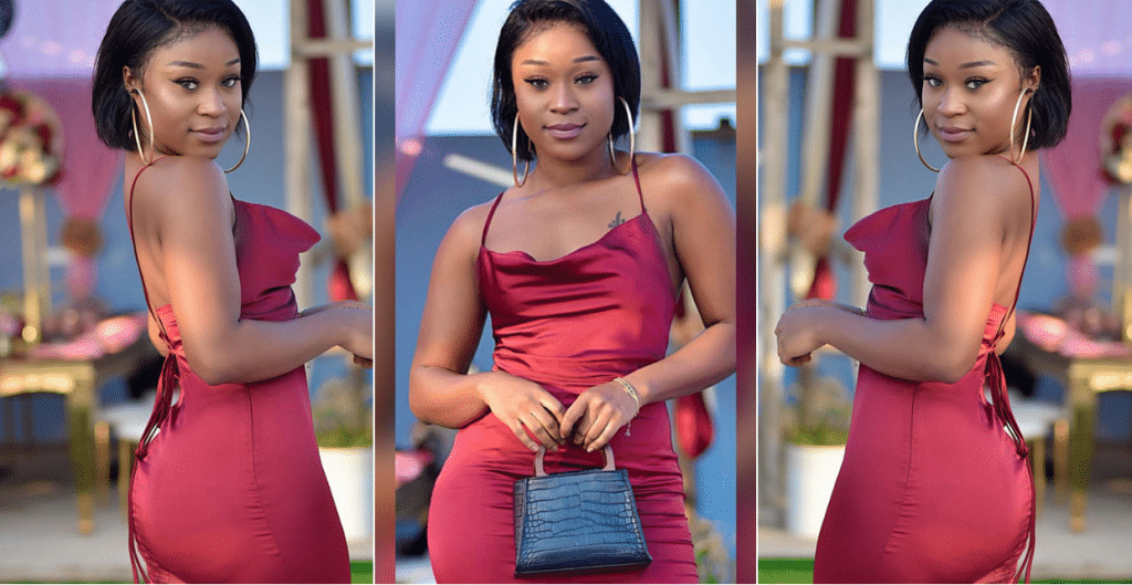 Netizens react to Efia Odo’s pink cleavage-baring suit to church
