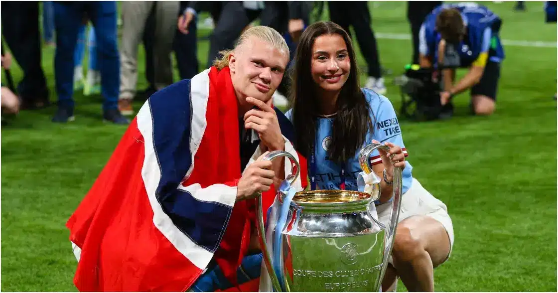 Haaland and girlfriend caught in a cute lovey-dovey moment after treble win