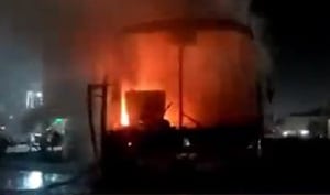 Bus catches fire at Ngleshie Amanfro, injures 2