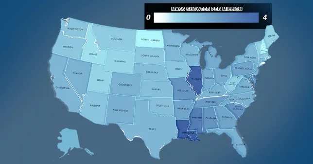 Map indicates US states with the highest rates of mass shootings