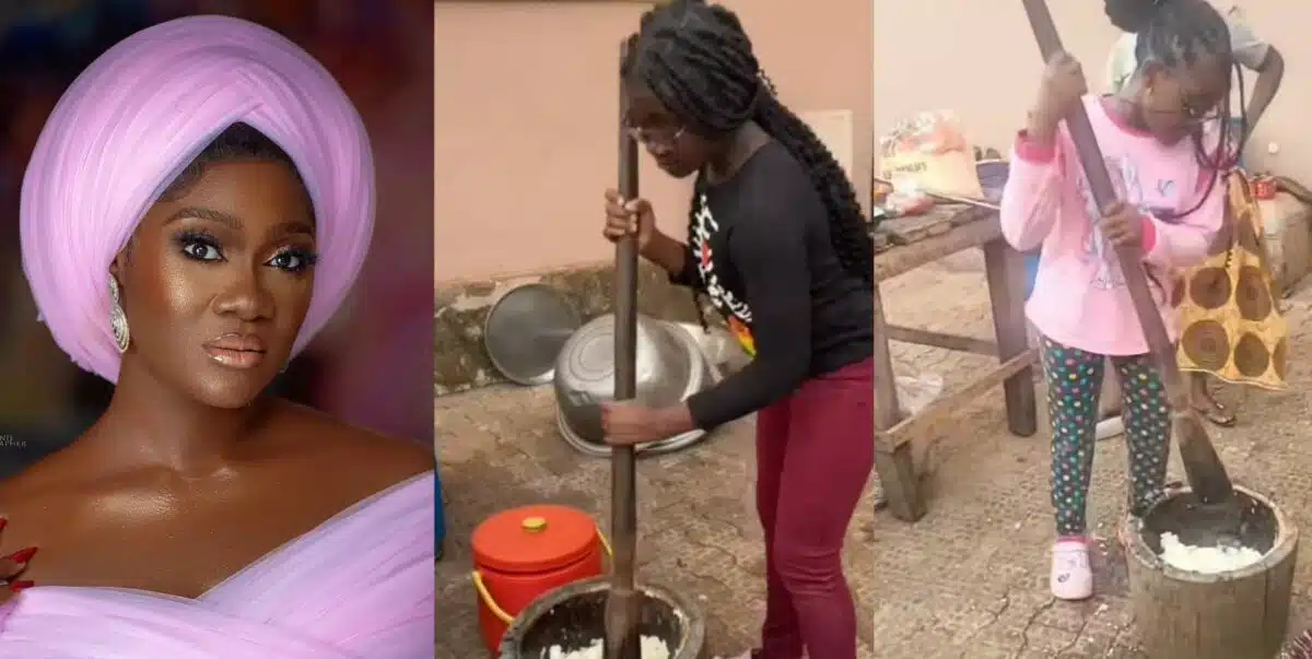 Mercy Johnson teaches daughters how to pound yam fufu