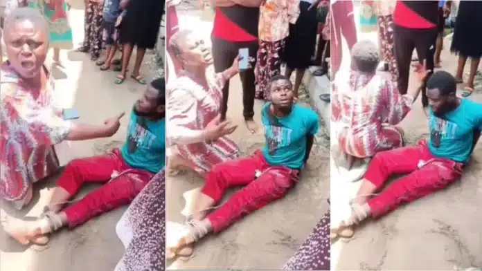 Mother weeps disgracefully in public after her son was caught a thief