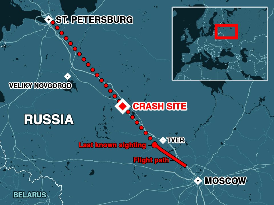 Prigozhin plane’s final flight’s route depicted on a map