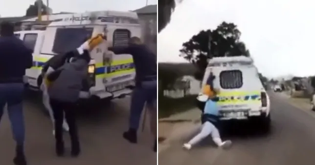 Outrage in South Africa after man shackled to police van and dragged down street