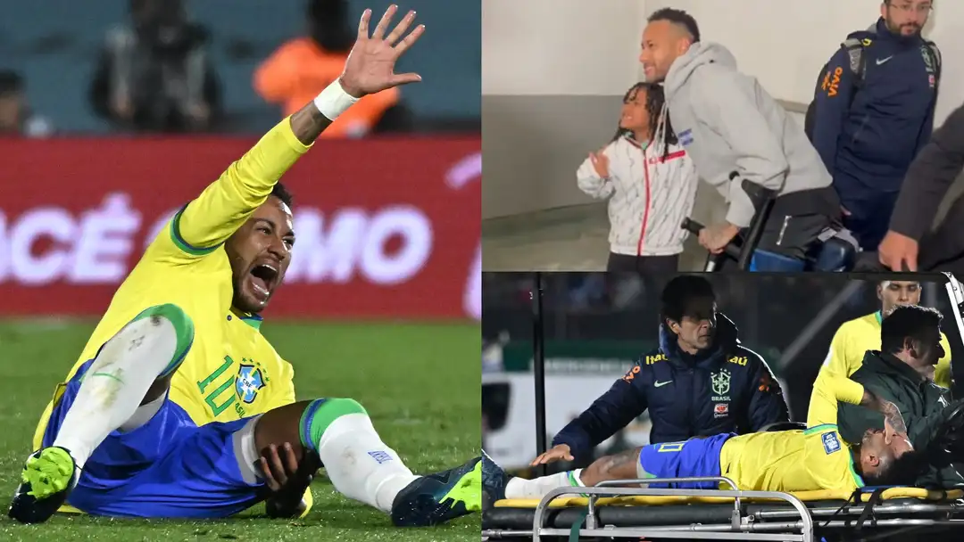 Neymar poses with young fan while in crutches and wearing huge protective cast