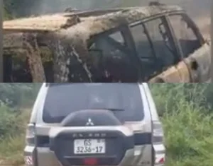 Indigenes of Apentubuom set a Mitsubishi Pajero ablaze over alleged usage by soldiers to rob a gold dealer