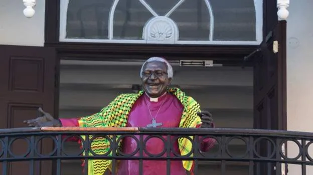 Statue of Tutu wrapped in Palestinian shawl displayed
