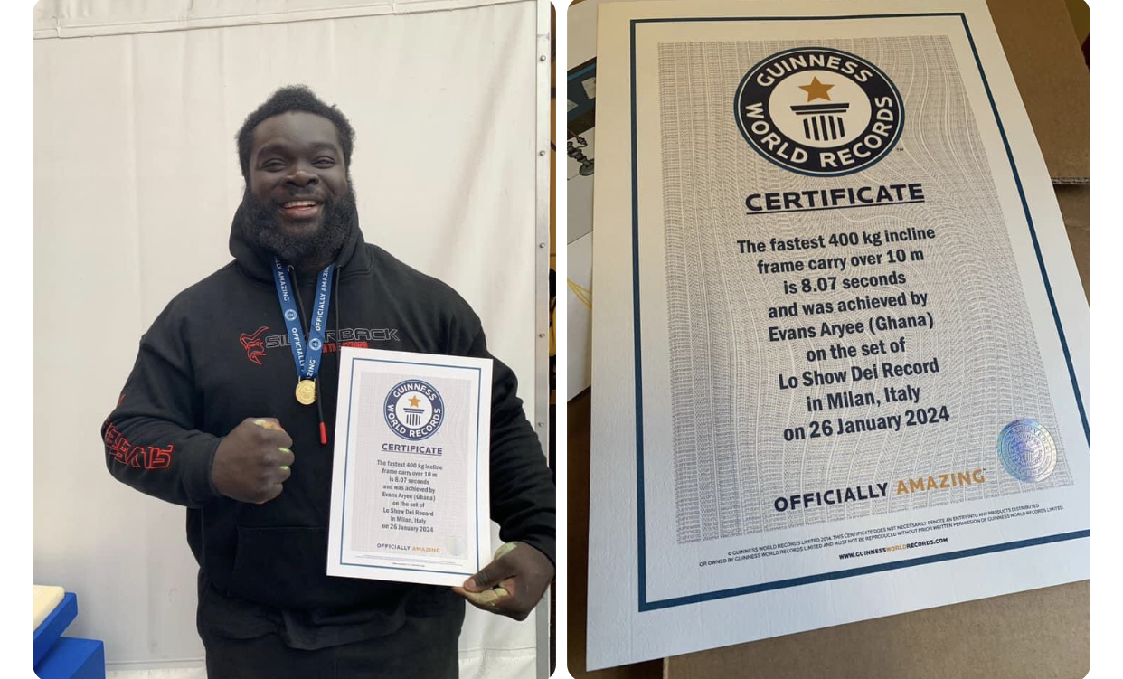 Ghanaian athlete Evans Aryee shatters the Guinness World Record for 400kg Incline Frame Carry in Milan