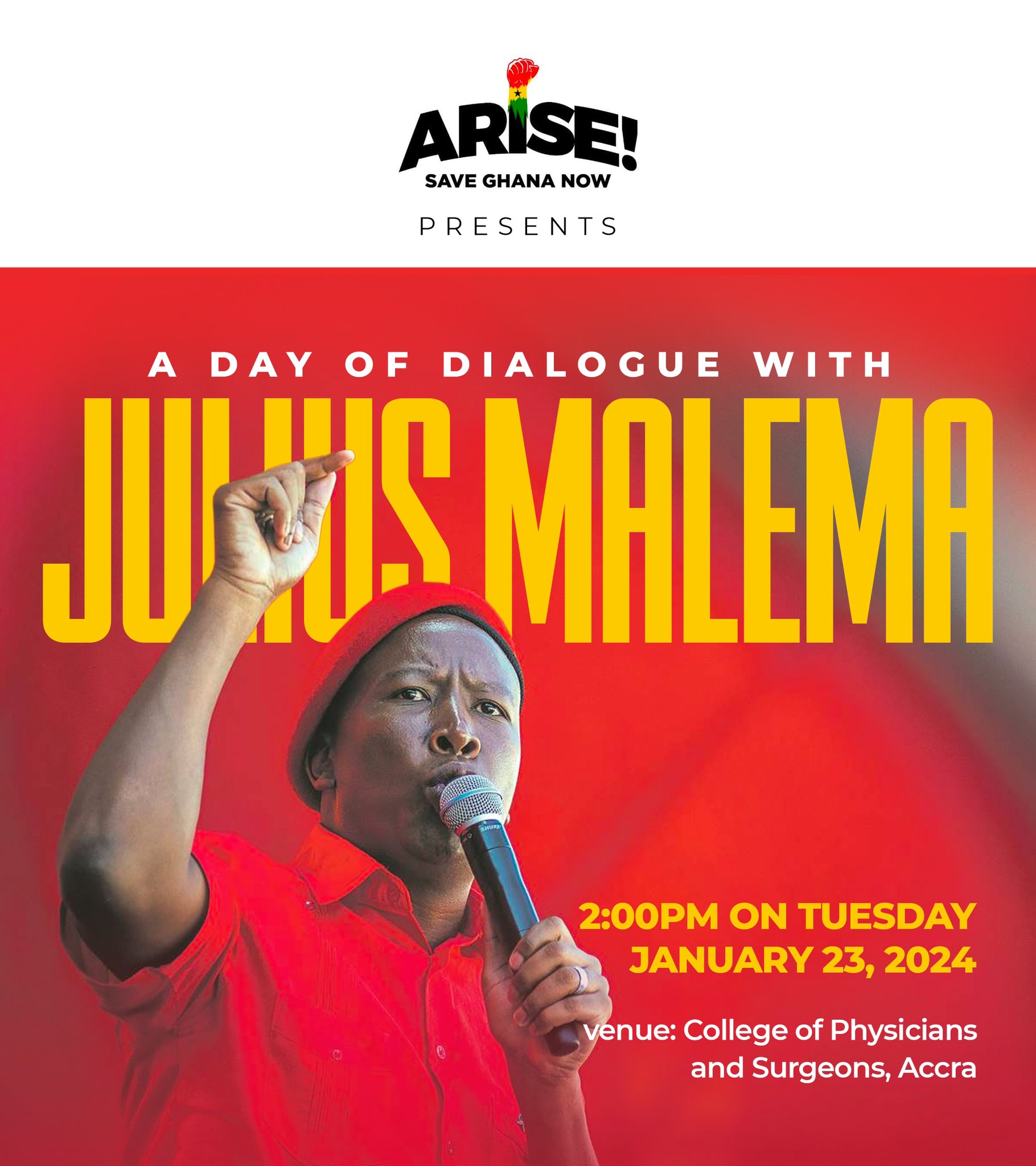 AriseGhana to host South Africa’s Julius Malema tomorrow for “an engagement with Ghanaian youth”