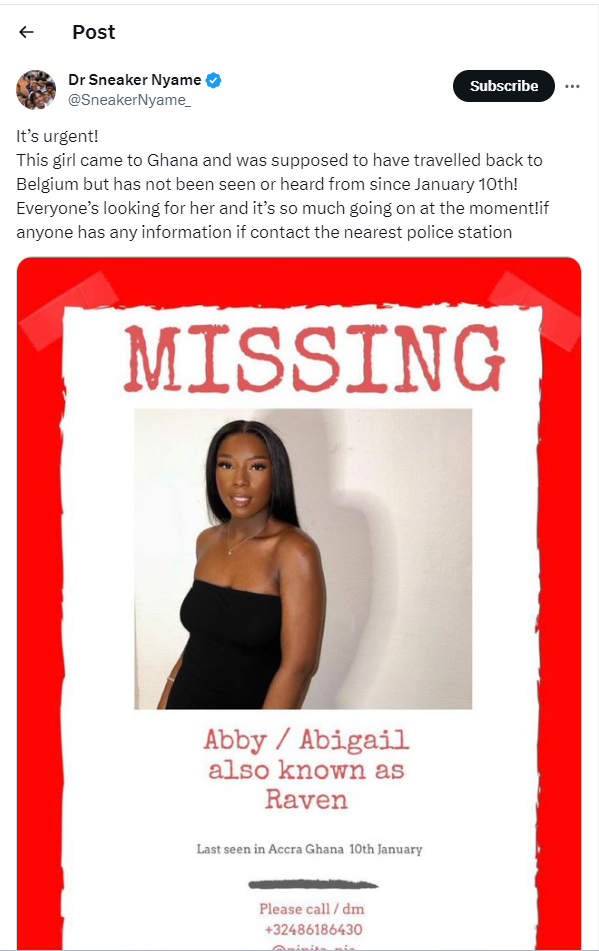 Belgium-based Ghanaian who came to Ghana for “Detty December” declared missing