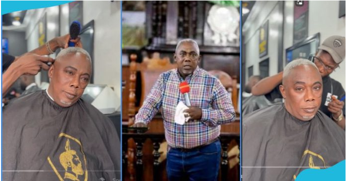 Ghanaian actor and preacher Apostle John Prah stuns fans with dramatic makeover after barbershop visit