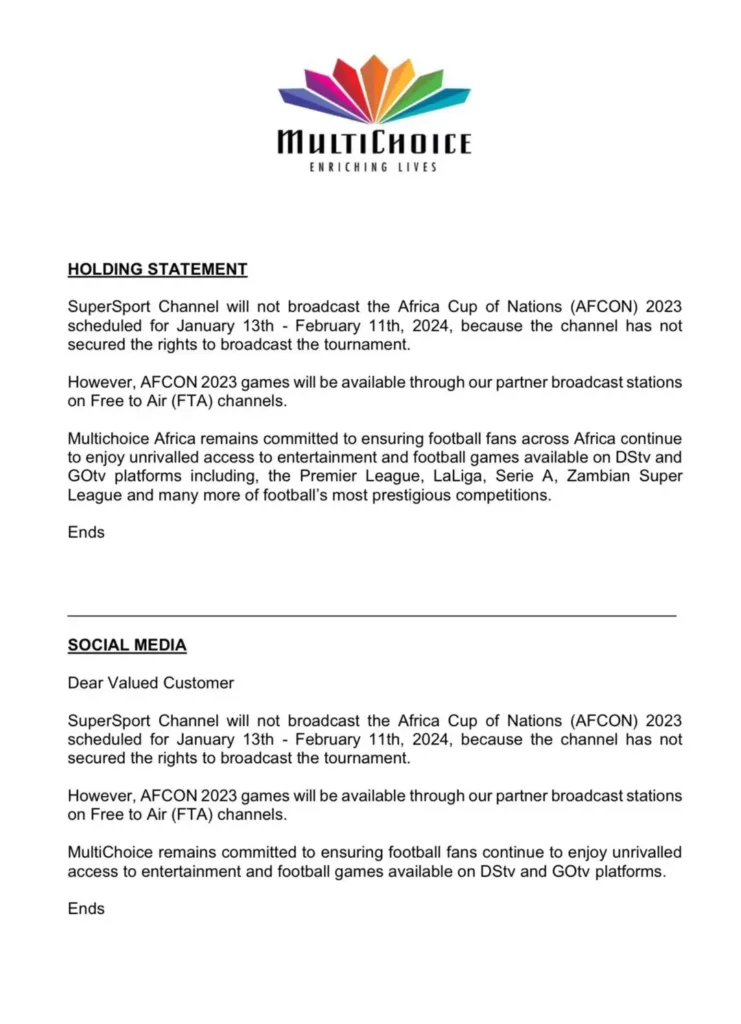 SuperSport TV viewers to miss out on AFCON 2023 after Multichoice’s failed attempt to secure broadcast rights