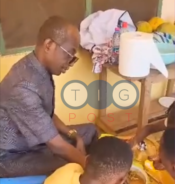 Asiedu Nketiah enjoying a bowl of fufu with his grandkids