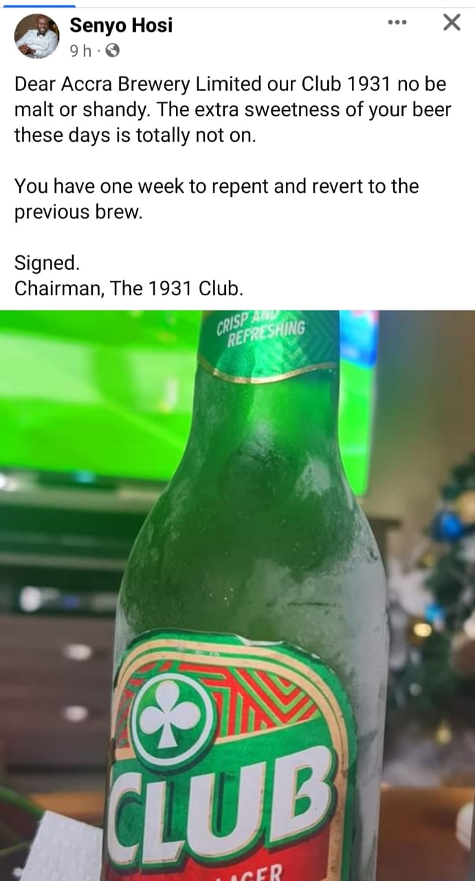 “You have one-week to repent” – Senyo Hosi warns Accra Brewery over extra sweetness in Club Beer