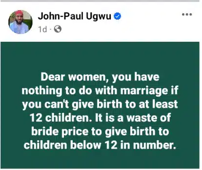 “You should be capable of producing 12 children as a wife” – Social media user says