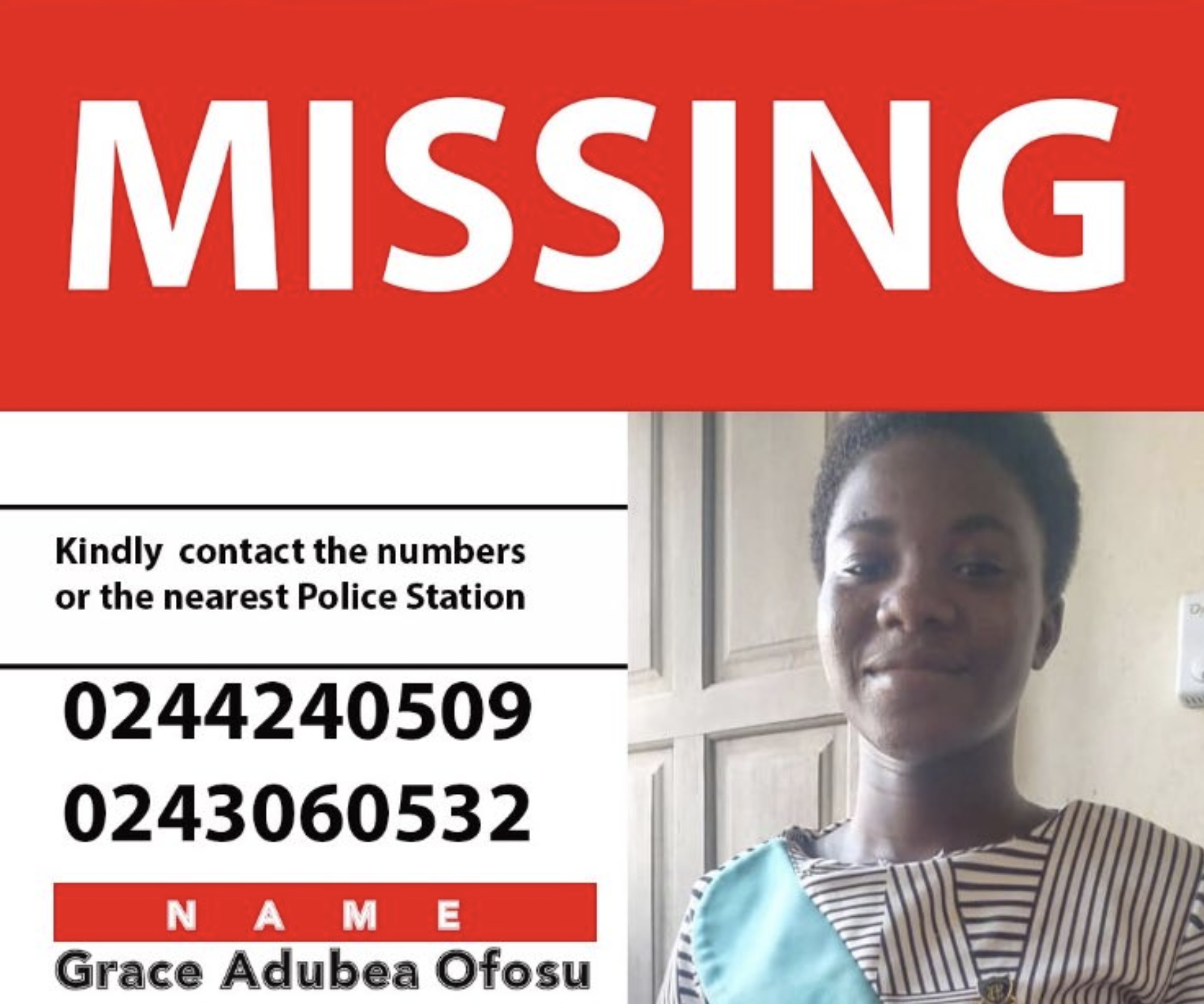 Missing person alert: Grace Adubea Ofosu missing since 4th March