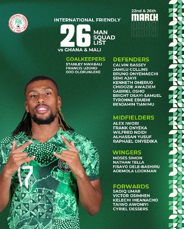 Nigeria releases lineup for upcoming friendly against Ghana