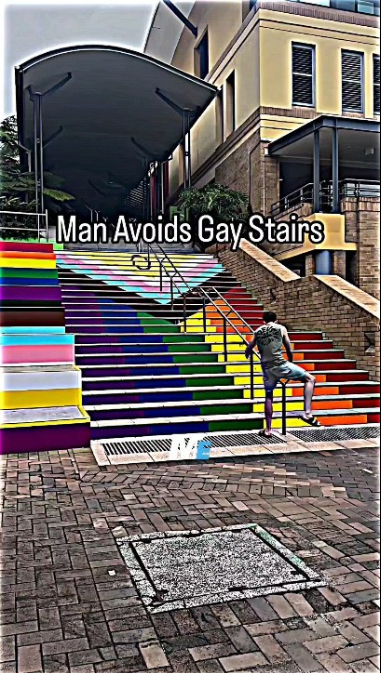 Video: Man avoids walking on stairs painted with LGBTQ+ color