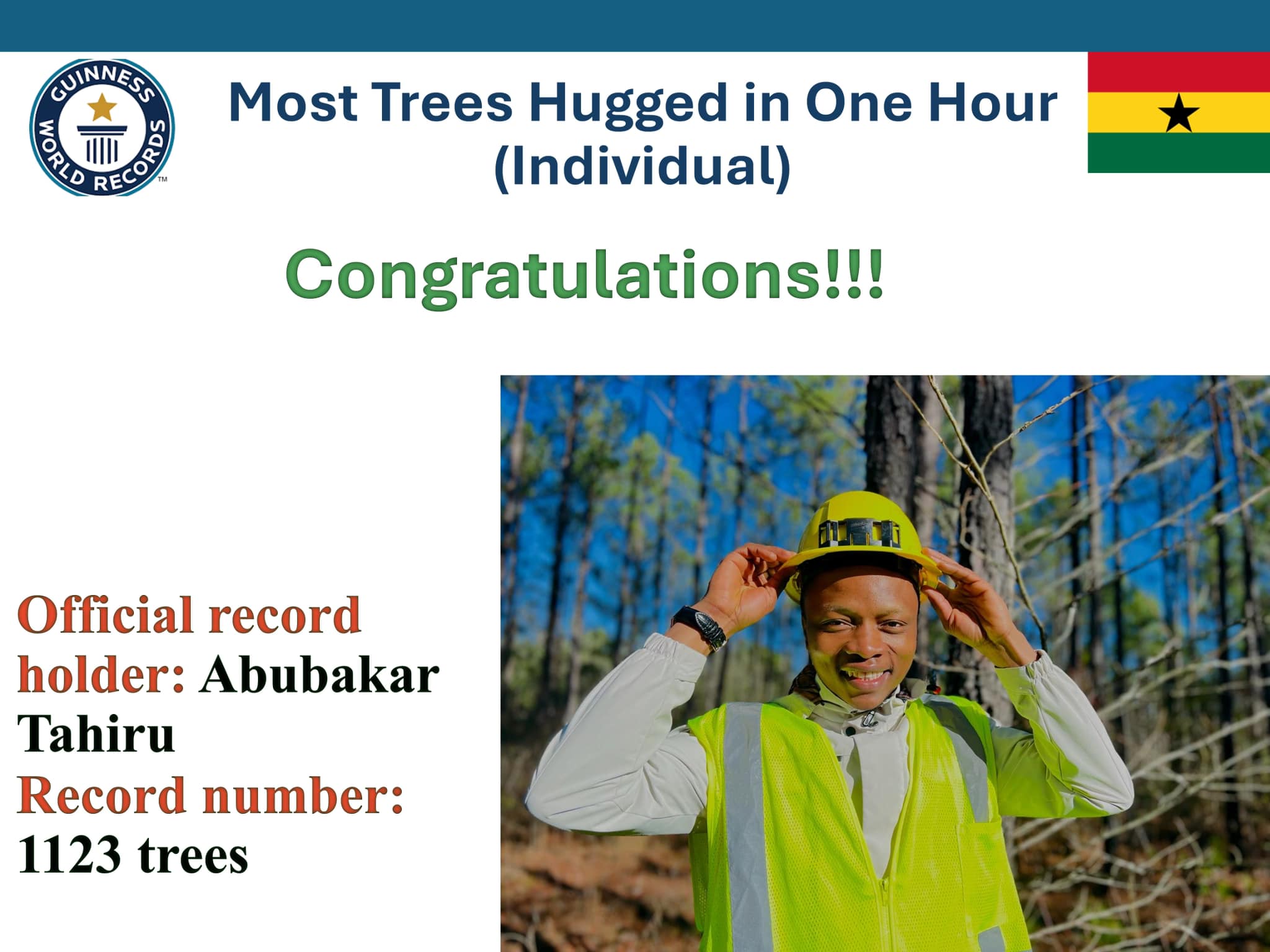 Guinness World Record for Most Trees Hugged in One Hour set by Ghanaian student