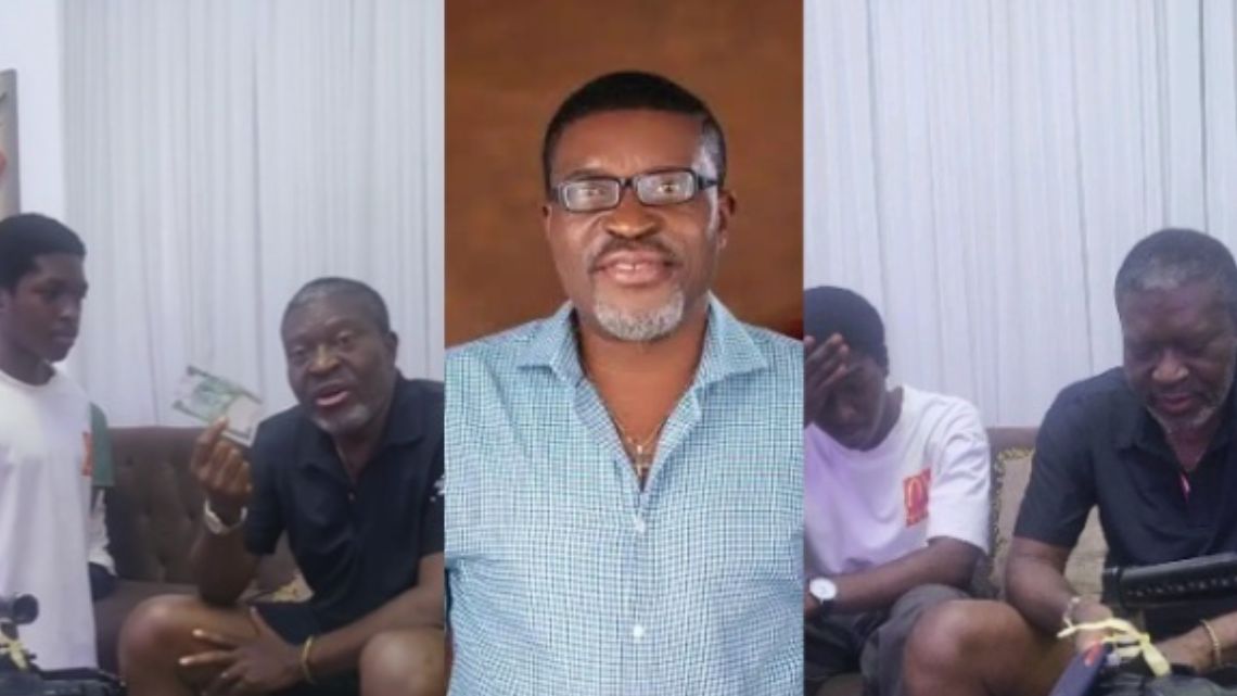 Kanayo O. Kanayo blesses his son after he gave him a part of his first salary