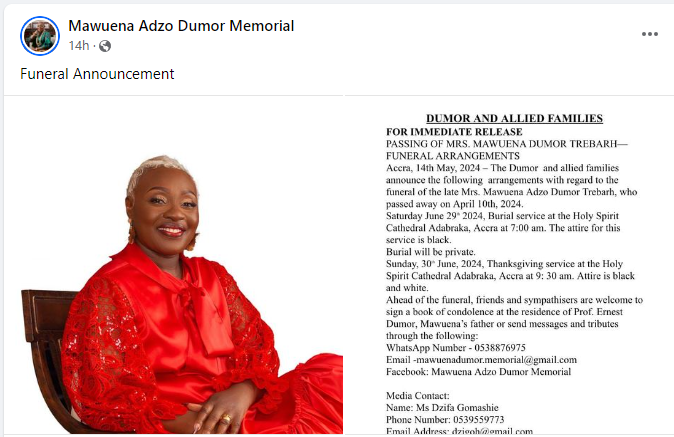 Mawuena Dumor’s funeral slated for June 29 will be private – Family announces
