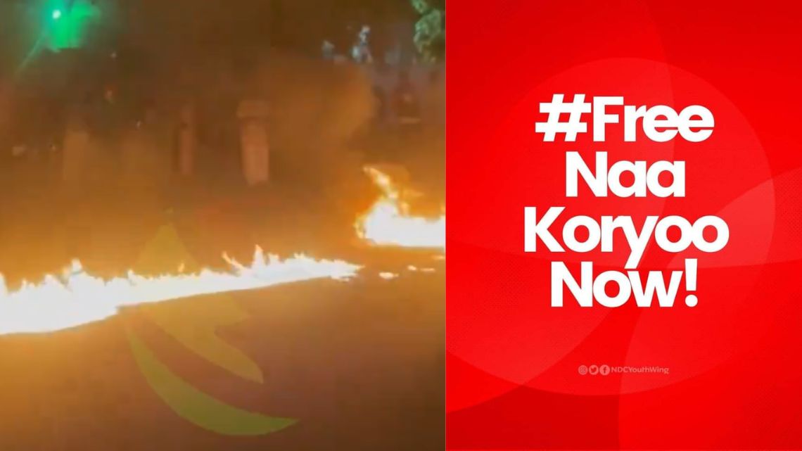 #FreeNaaKoryoo: NDC supporters burn tires in front of Cantonments Police Station