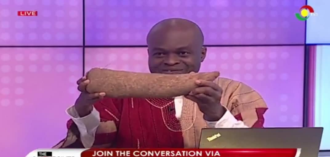 Martin Kpebu makes appearance on TV3 with a yam to affirm economic hardship