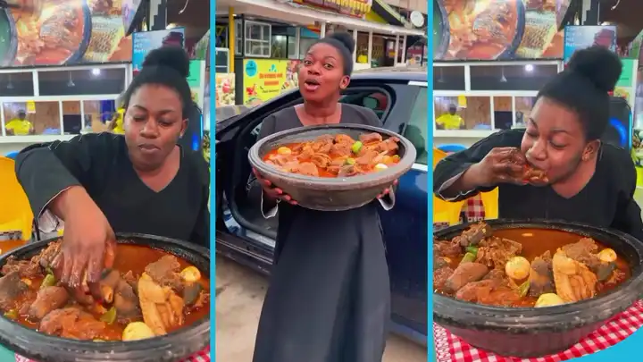 Watch how Afua Nash devours massive earthenware bowl of fufu packed with meat