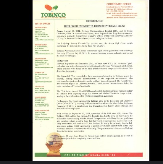 High Court rules in favor of Tobinco Pharmaceuticals in fake drug case
