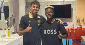 Ghana’s Aziz Issah poses with Barca’s young star Lamine Yamal
