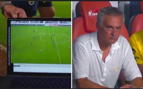 Jose Mourinho sees yellow as he protests VAR, puts laptop in front of cameras