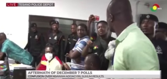 TV3 Journalist threatened on live TV while covering recollation of election results at Tesano Police Depot