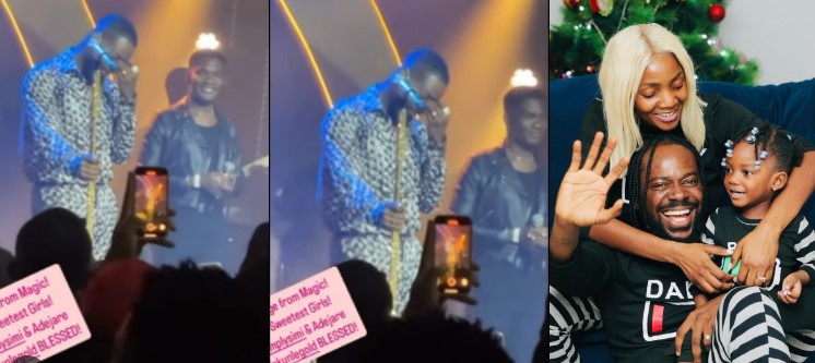 Adekunle Gold moved to tears on stage by heartfelt message from Simi and daughter