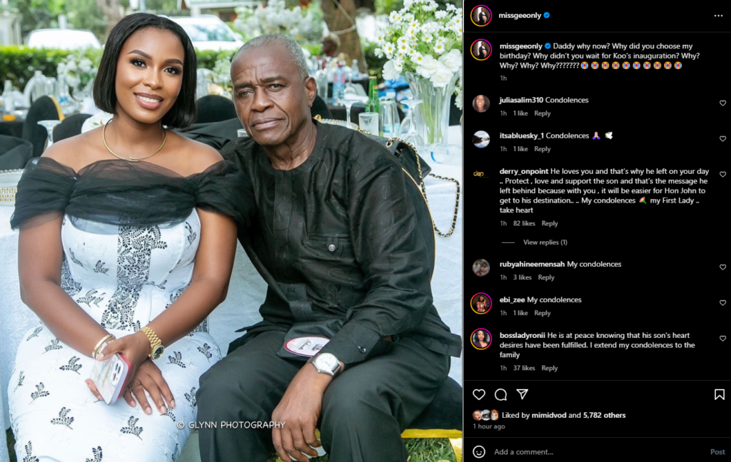 Why did you choose my birthday – John Dumelo’s wife mourns late father-in-law