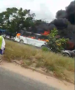 Fire guts Wesley Grammar School bus transporting 83 students at Kasoa Tollbooth